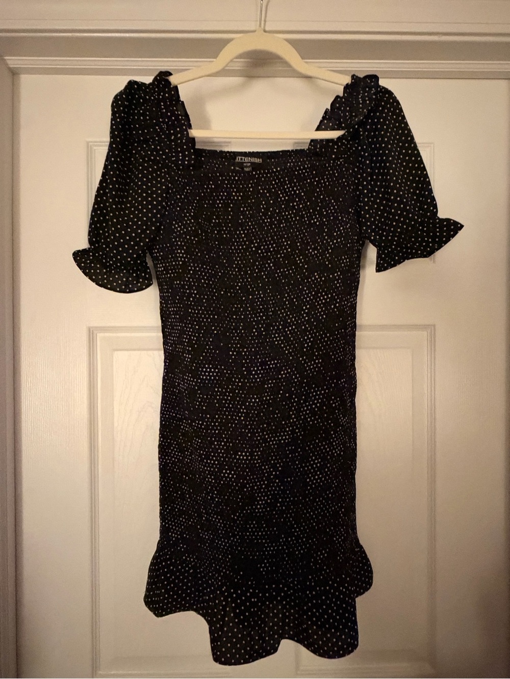 Kittenish Black Polka Dot Off-Shoulder Ruffle Dress